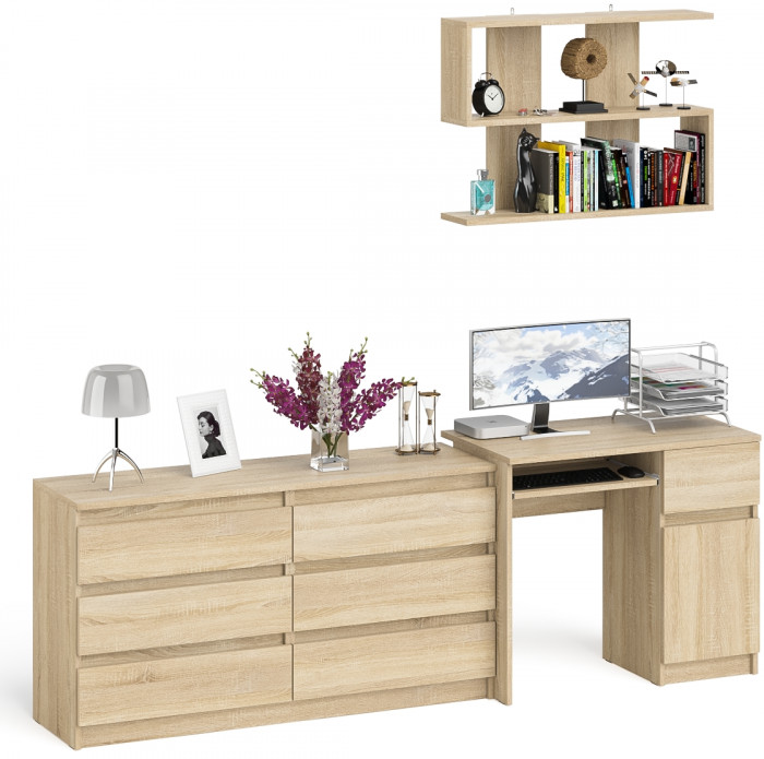 Мори компьютерный стол МС-1 правый + Комод МК1380.6 + Полка 900, дуб сонома