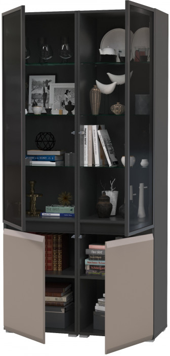 Сидней 13.201 Шкаф-витрина 2 штуки, цвет корпус: антрацит/фасады: МДФ веллюто капучино/прозр. стекло с серой тонир., ШхГхВ 100х41,3х205,2 см., ун. сб.