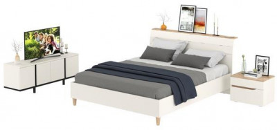 Муссон Кровать 11.41 + ортопед + Тумба 16.03 + Тумба ТВ 13.276, цвет белый/чёрный/дуб эндгрейн элегантный, сп. м. 1600х2000 мм., б/м