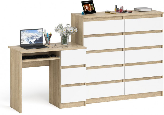 Мори компьютерный стол МС-6 правый + Комод МК1200.10, дуб сонома/белый