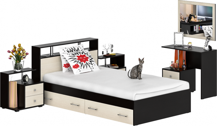 Камелия спальня № 13 Кровать с ящиками 1200 + Две тумбы + Стол косметич. + Зеркало, цвет венге/дуб лоредо, сп.м. 1200х2000 мм., б/м, основание есть