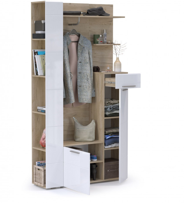 Лайн Прихожая № 06, цвет дуб крафт серый/фасады МДФ белый глянец, ШхГхВ 111,8х35,1х210 см., НЕ универсальная сборка