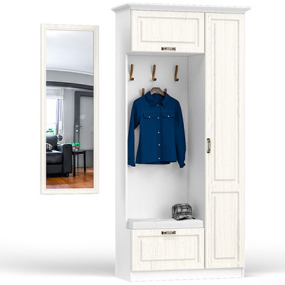 Ливерпуль Шкаф многоцелевого назначения 13.21 + карниз + Зеркало 03.242, цвет ясень ваниль/белый, ШхГхВ 108,2х43,5х223,5 + 50х2х140 см., ун. сборка