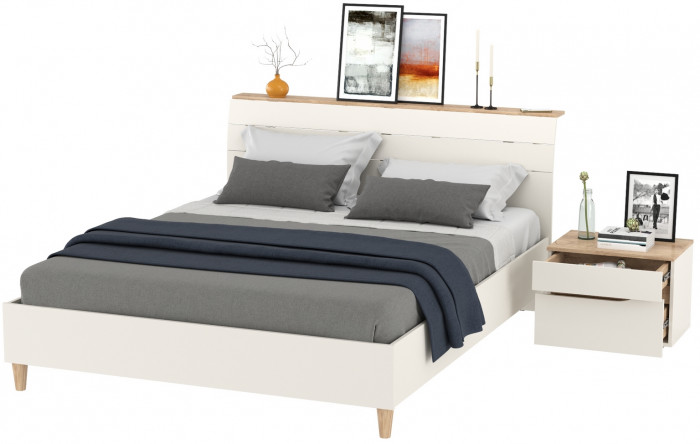 Муссон Кровать 11.41 + ортопед + Тумба 16.03, цвет белый/дуб эндгрейн элегантный, сп. м. 1600х2000 мм., б/м