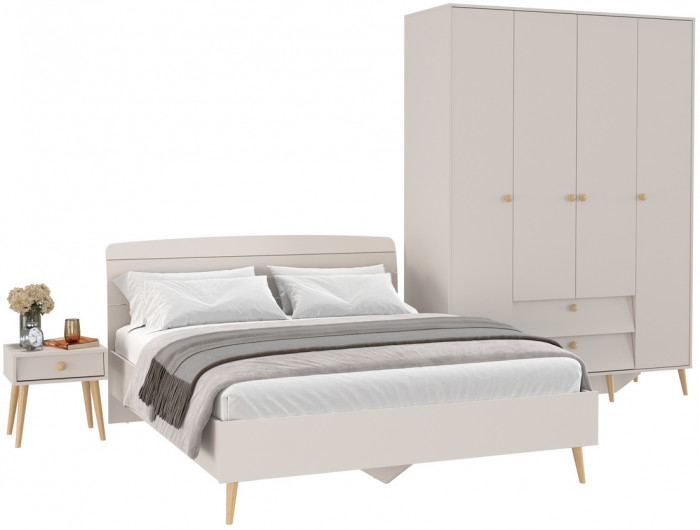 Афина Спальня Кровать 1600 + Шкаф 4-х дверный + Тумба, кашемир серый