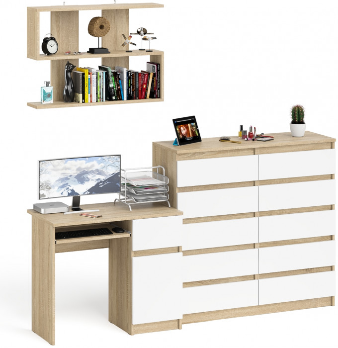 Мори Стол компьютерный МС-1 правый + Комод МК1200.10 + Полка 900, цвет дуб сонома/белый, ШхГхВ 210,4х50х209,6 см., НЕ универсальная сборка