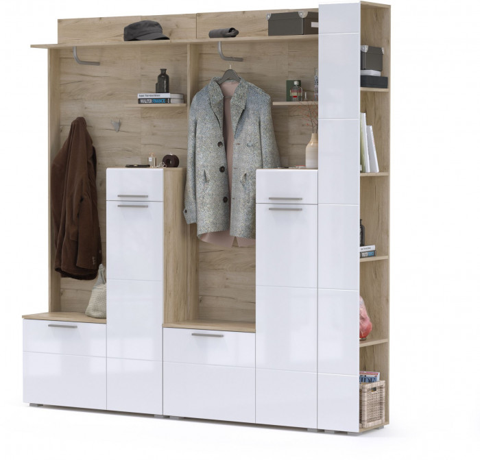 Лайн Прихожая № 07, цвет дуб крафт серый/фасады МДФ белый глянец, ШхГхВ 201,6х35,1х210 см., НЕ универсальная сборка