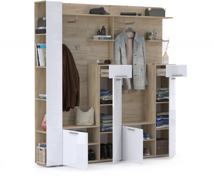 Лайн Прихожая № 07, цвет дуб крафт серый/фасады МДФ белый глянец, ШхГхВ 201,6х35,1х210 см., НЕ универсальная сборка