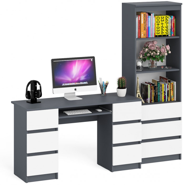Мори компьютерный стол МС-2 + Стеллаж МСТ600.3, графит/белый