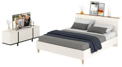 Муссон Кровать 11.41 + ортопед + Тумба под ТВ Квадро 13.276, цвет белый/чёрный/дуб эндгрейн элегантный, сп. м. 1600х2000 мм., б/м