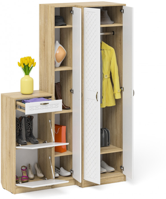 Прихожая П-6 Компоновка № 28, цвет дуб сонома/фасады МДФ белое дерево фрезеровка ромб, ШхГхВ 140х50х210 см., универсальная сборка