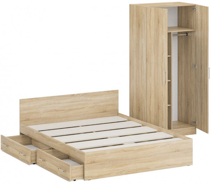 Кровать с ящиками 1600 + Шкаф 2-х створчатый Стандарт, дуб сонома