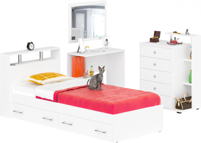 Камелия спальня № 14 Кровать с ящиками 900 + Стол косметический + Зеркало + Комод, цвет белый, сп.м. 900х2000 мм., б/м, основание есть