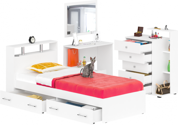 Камелия спальня № 14 Кровать с ящиками 900 + Стол косметический + Зеркало + Комод, цвет белый, сп.м. 900х2000 мм., б/м, основание есть