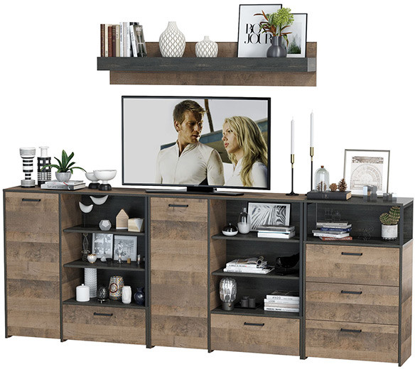 Трувор Гостиная 005, цвет дуб гранж песочный/интра, ШхГхВ 284х37х195 см., универсальная сборка