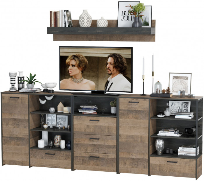 Трувор Гостиная 005, цвет дуб гранж песочный/интра, ШхГхВ 284х37х195 см., универсальная сборка