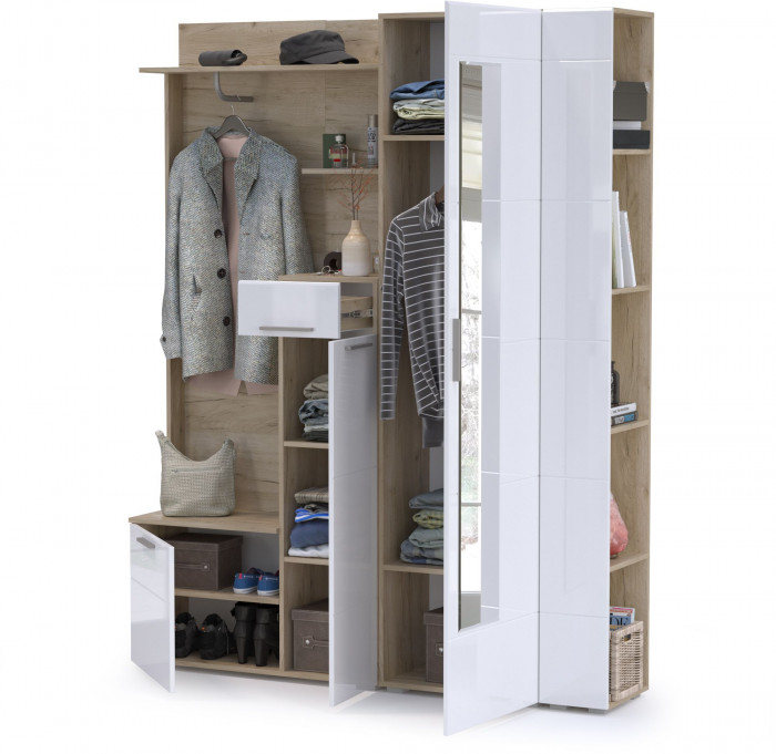 Лайн Прихожая № 08, цвет дуб крафт серый/фасады МДФ белый глянец, ШхГхВ 166,8х35,1х210 см., НЕ универсальная сборка