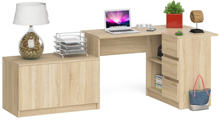 Мори Стол компьютерный МС-16 правый + Тумба МА900.1, цвет дуб сонома, ШхГхВ 214,8х84,9х76,6 см., выдвижные ящики справа, НЕ универсальная сборка