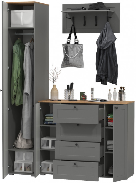 Остин Прихожая 21, цвет серый графит/дуб крафт золотой, ШхГхВ 160х54,3х229,6 см., универсальная сборка