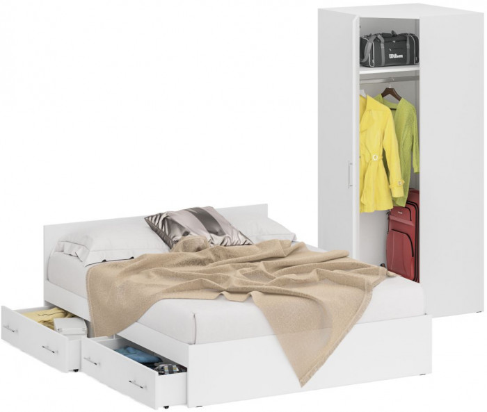 Кровать с ящиками 1600 + угловой шкаф Стандарт, белый