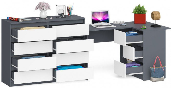 Мори компьютерный стол МС-16 правый + Комод МК1200.8, графит/белый