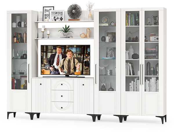 Валенсия Гостиная № 109, цвет ЛДСП белый шагрень/МДФ белый шагрень, ШхГхВ 327,3х38,4х225,2 см., ниша для ТВ 133х38х90 см., универсальная сборка