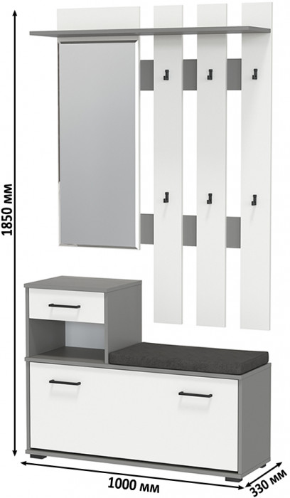 Лира ГК Прихожая 1 2-0714+2-3814 Тумба под обувь + Вешалка с зеркалом, графит/белый