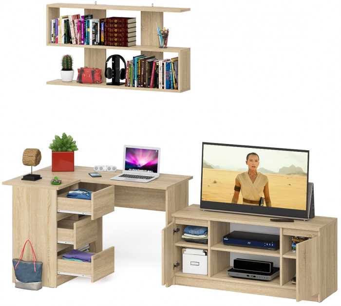 Мори компьютерный стол МС-16 левый + Тумба МТВ1200.1 + Полка 1200, дуб сонома