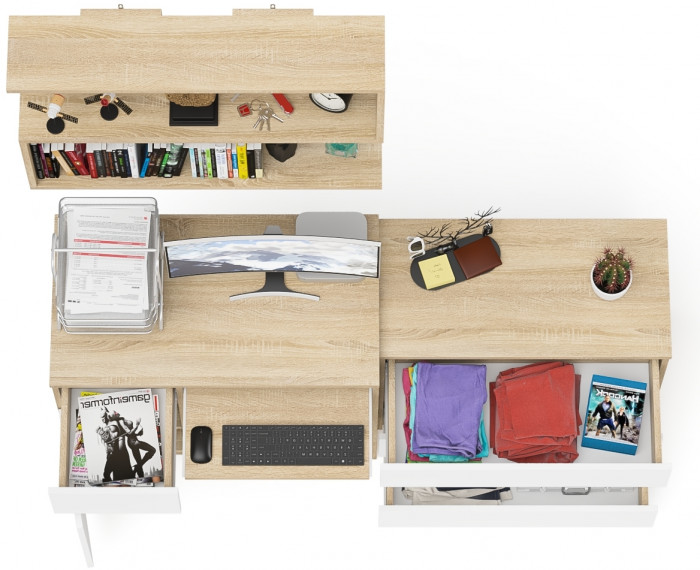 Мори Стол компьютерный МС-1 левый + Комод МК800.1 + Полка 900, цвет дуб сонома/белый, ШхГхВ 170,4х50х209,6 см., НЕ универсальная сборка