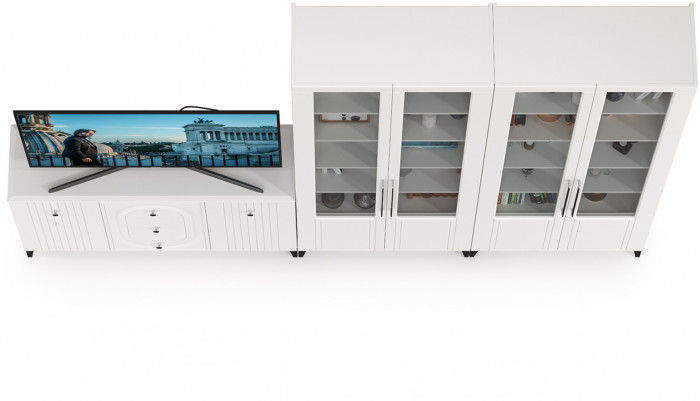 Валенсия Гостиная № 111, цвет ЛДСП белый шагрень/МДФ белый шагрень, ШхГхВ 301,4х38,4х225,2 см., универсальная сборка