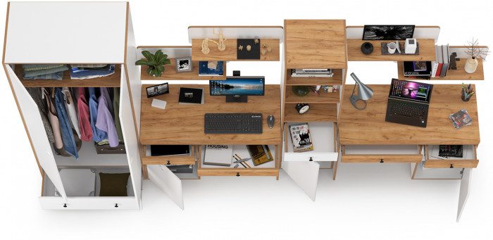 Вуди Компоновка № 31, цвет белый премиум/дуб крафт золотой, ШхГхВ 351х52,7х205 см., универсальная сборка