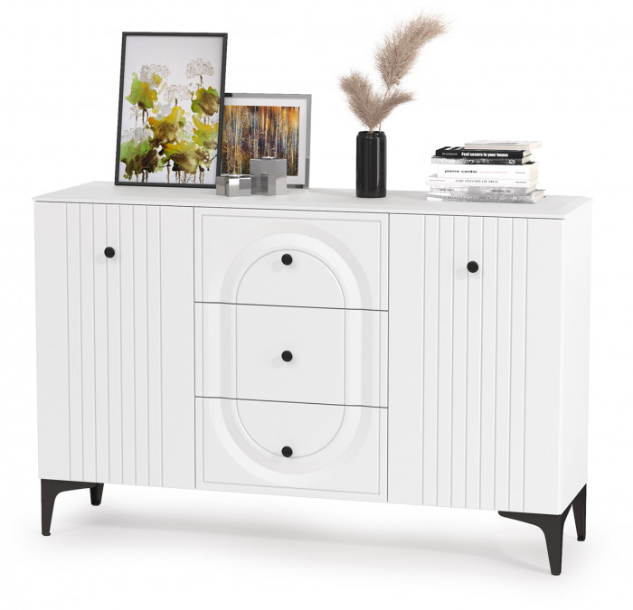 Валенсия Гостиная № 103, цвет ЛДСП белый шагрень/МДФ белый шагрень, ШхГхВ 301,4х38,4х225,2 см., ниша для ТВ 133х38х90 см.