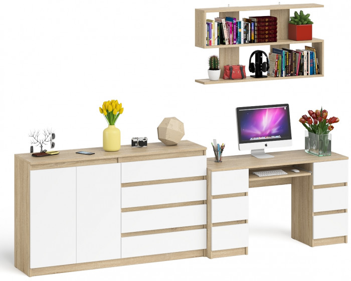 Мори компьютерный стол МС-2 + Комод МК1600.1 + Полка 1200, дуб сонома/белый