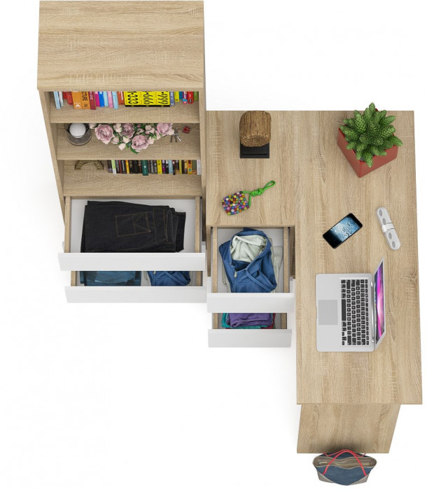 Мори Стол компьютерный МС-16 левый + Стеллаж МСТ600.3, цвет дуб сонома/белый, ШхГхВ 184,8х84,9х179,6 см., выдвижные ящики слев, НЕ универс. сборкаа