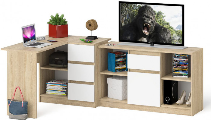 Мори Стол компьютерный МС-16 правый + Тумба МТВ1204.1, цвет дуб сонома/белый, ШхГхВ 244,8х84,9х76,6 см., выдвижные ящики справа, НЕ универс. сборка