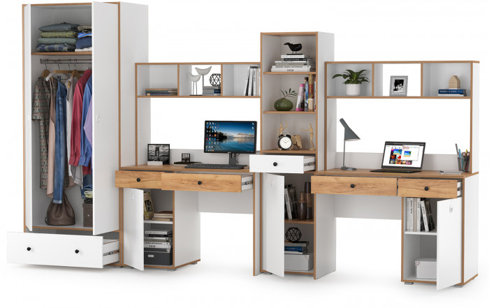 Вуди Компоновка № 32, цвет белый премиум/дуб крафт золотой, ШхГхВ 351х52,7х205 см., универсальная сборка