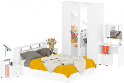 Камелия спальня № 2 Кровать 1600 + Две тумбы + Стол косметич. + Зеркало + Шкаф 4-х, цвет белый, сп.м. 1600х2000 мм., б/м, осн. есть