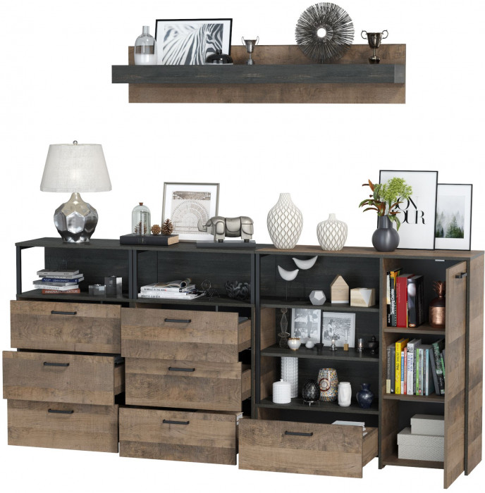 Трувор Гостиная 008, цвет дуб гранж песочный/интра, ШхГхВ 241х37х195 см., универсальная сборка