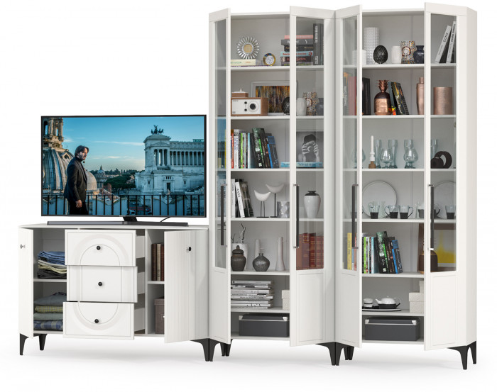 Валенсия Гостиная № 111, цвет ЛДСП белый шагрень/МДФ белый шагрень, ШхГхВ 301,4х38,4х225,2 см., универсальная сборка