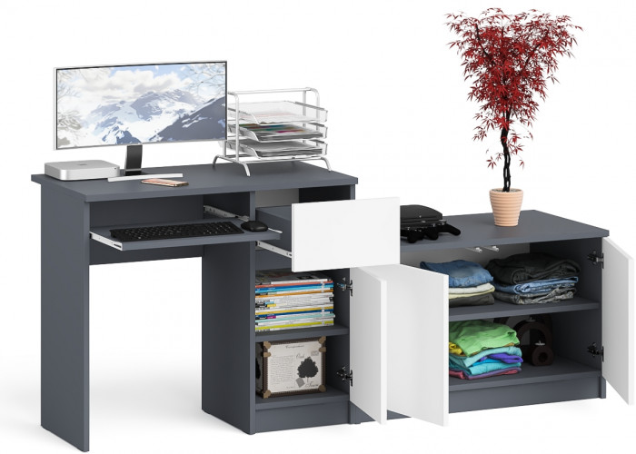 Мори Стол компьютерный МС-1 правый + Тумба МА900.1, цвет графит/белый, ШхГхВ 180,4х50,4х76,6 см., выдвижной ящик справа, НЕ универсальная сборка