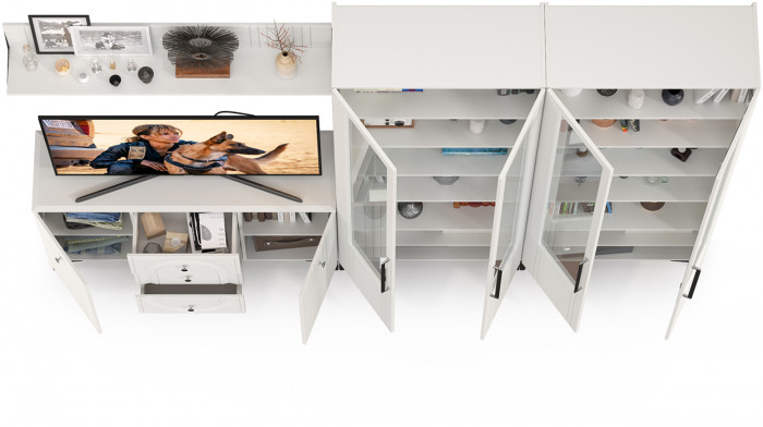 Валенсия Гостиная № 112, цвет ЛДСП белый шагрень/МДФ белый шагрень, ШхГхВ 301,4х38,4х225,2 см., универсальная сборка