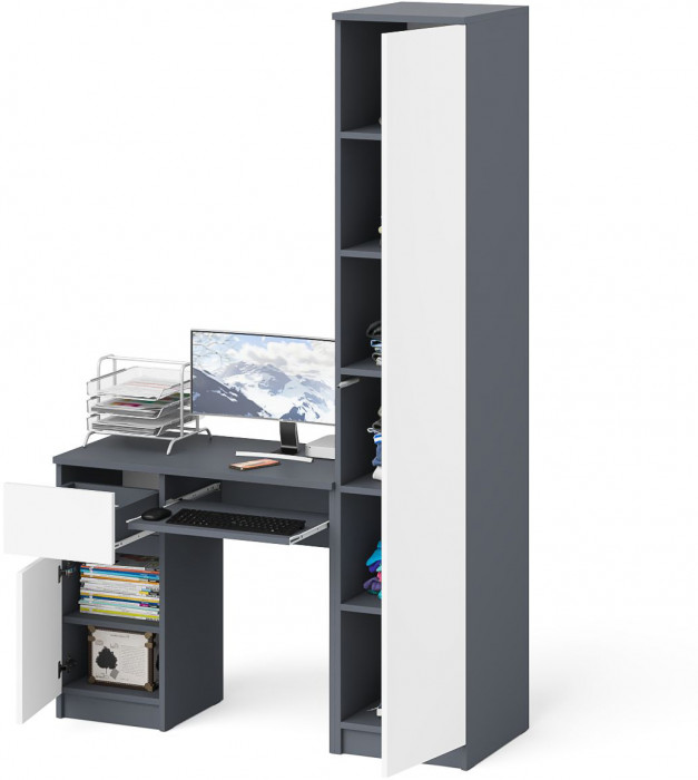 Мори Стол компьютерный МС-1 левый + Пенал МШ400.1, цвет графит/белый, ШхГхВ 130,4х50,4х209,6 см., выдвижной ящик слева, НЕ универсальная сборка