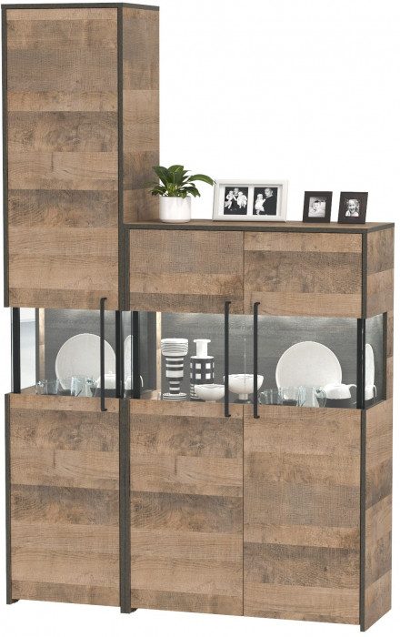 Трувор 13.205 Шкаф-пенал с витриной + 13.306 Комод с витриной, дуб гранж песочный/интра