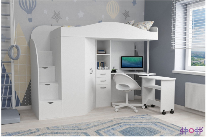 Кровать-чердак Юниор 4 (Ясень Анкор Темный/Белое дерево)