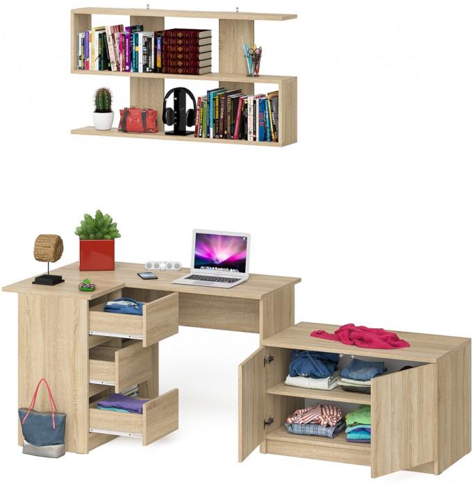 Мори Стол компьютерный МС-16 левый + Тумба МА900.1 + Полка 1200, цвет дуб сонома, ШхГхВ 214,8х84,9х209,6 см., НЕ универсальная сборка