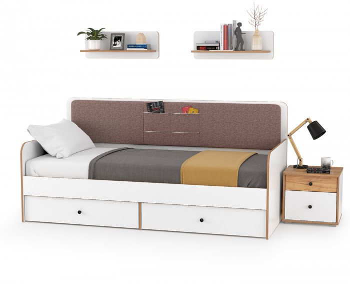 Вуди Компоновка № 34, цвет белый премиум/дуб крафт золотой/саванна латте, сп. м. 900х2000 мм., б/м, основание есть, матрас высотой до 200 мм.