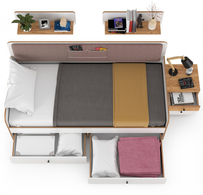 Вуди Компоновка № 34, цвет белый премиум/дуб крафт золотой/саванна латте, сп. м. 900х2000 мм., б/м, основание есть, матрас высотой до 200 мм.