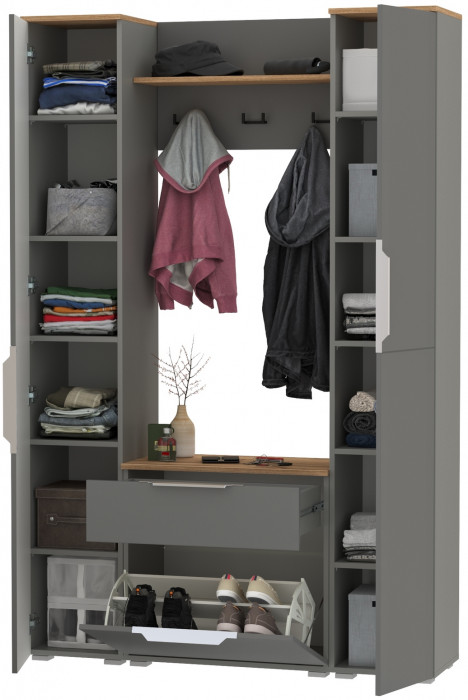 Октава Прихожая 18, цвет серый графит/дуб крафт золотой/фасады МДФ серый графит, ШхГхВ 129,3х35,4х197,6 см., универсальная сборка