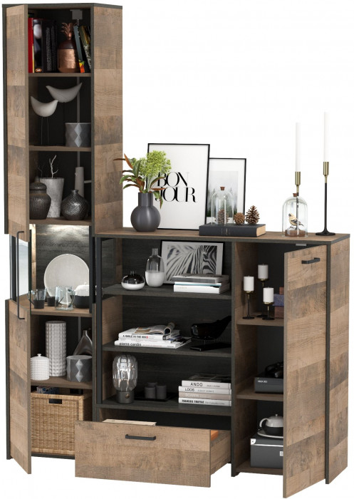 Трувор 13.205 Шкаф-пенал с витриной + 13.307.01 Комод, дуб гранж песочный/интра