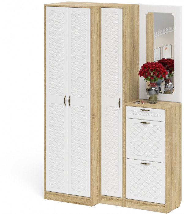 Прихожая П-6 Компоновка № 29, цвет дуб сонома/фасады МДФ белое дерево фрезеровка ромб, ШхГхВ 140х50х210 см., универсальная сборка